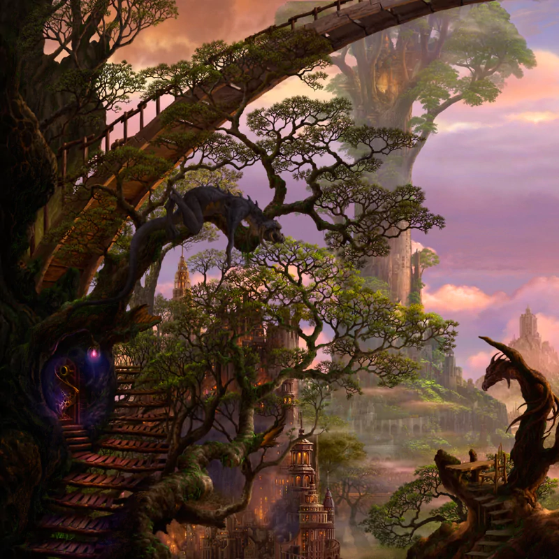 Fantasy landscape of winding tree bridges and stairways; a dragon perches on a gnarled branch above misty, sunset-lit floating islands and towering spires.
