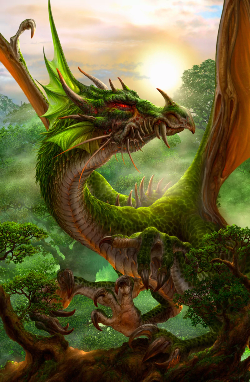 A majestic green fantasy dragon with sharp horns and glowing red eyes perches among lush trees, bathed in the warm light of a setting sun.