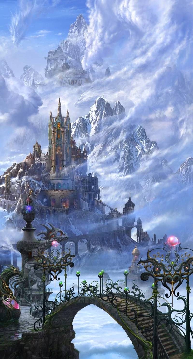 A towering fantasy castle nestled among snowy mountains with swirling clouds, overlooking ornate bridges and glowing orbs in a mystical, otherworldly landscape.