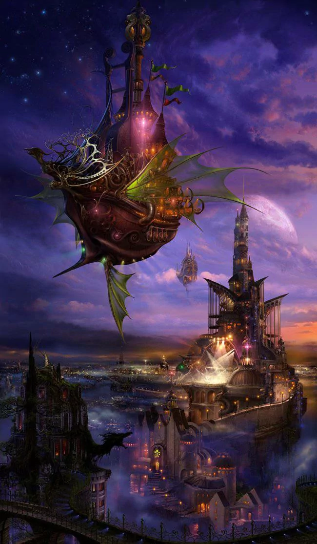 Fantasy scene of a dragon-shaped airship hovering above a luminous castle and coastal city beneath a purple, starry twilight sky.