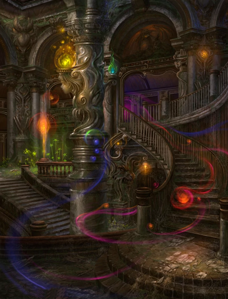 Fantasy castle interior with ornate spiral staircase, carved stone pillars and glowing magical orbs and colored wisps drifting through a shadowy, enchanted hall.