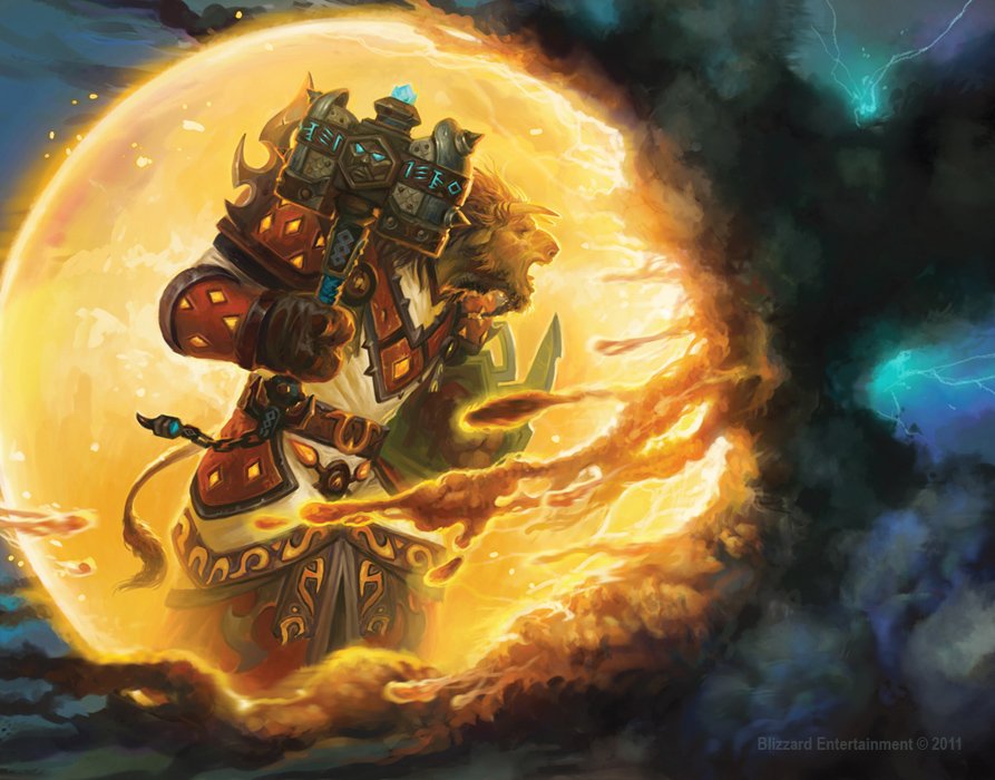 World of Warcraft video game minotaur warrior with hammer and shield, surrounded by a swirling golden magical orb.