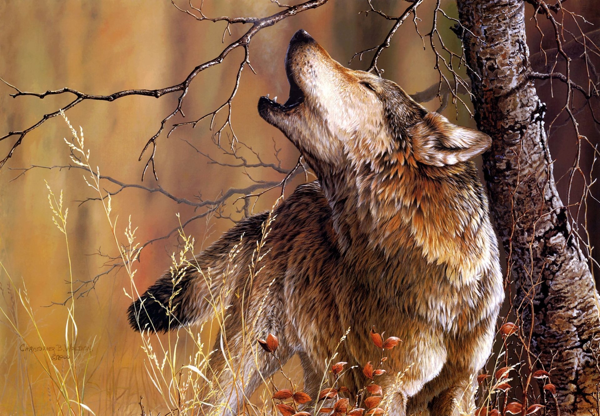 Painting of a wolf howling near a tree in a natural setting with tall grass and autumnal colors.