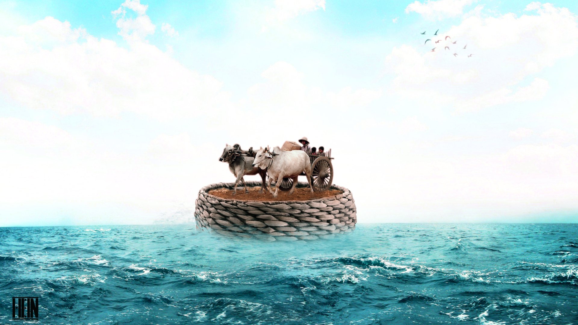 A skillfully manipulated photograph depicting a group of people and animals on a woven raft surrounded by vast ocean under a bright, expansive sky.