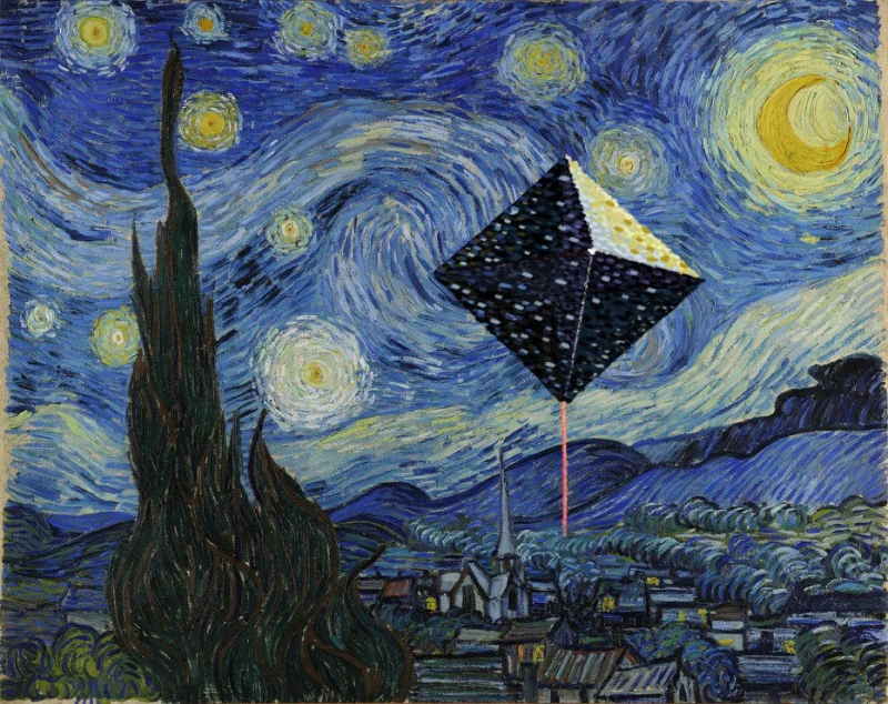 Starry Night–style village under a swirling sky with an Anime Neon Genesis Evangelion–inspired black geometric Angel hovering above, casting thin red and blue light beams.