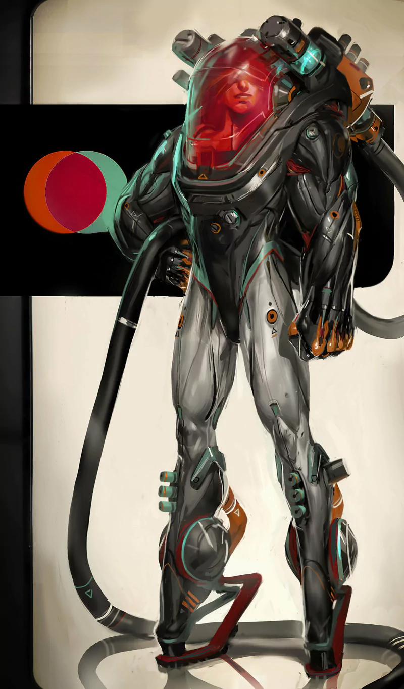 Sci-fi character design: a futuristic astronaut in a sleek armored space suit with red visor, tubing and glowing tech accents.