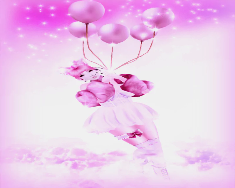 A woman in a flowing pink dress floats through a dreamy sky, holding several pink balloons amid a sparkling fantasy backdrop.