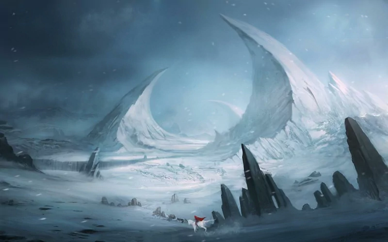 A lone figure in red stands in a vast, icy winter landscape with towering, curved ice formations under a moody, cloudy sky in a fantasy setting.