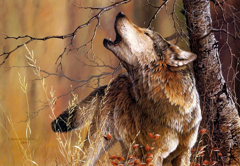 Painting of a wolf howling near a tree in a natural setting with tall grass and autumnal colors.