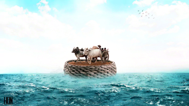 A skillfully manipulated photograph depicting a group of people and animals on a woven raft surrounded by vast ocean under a bright, expansive sky.