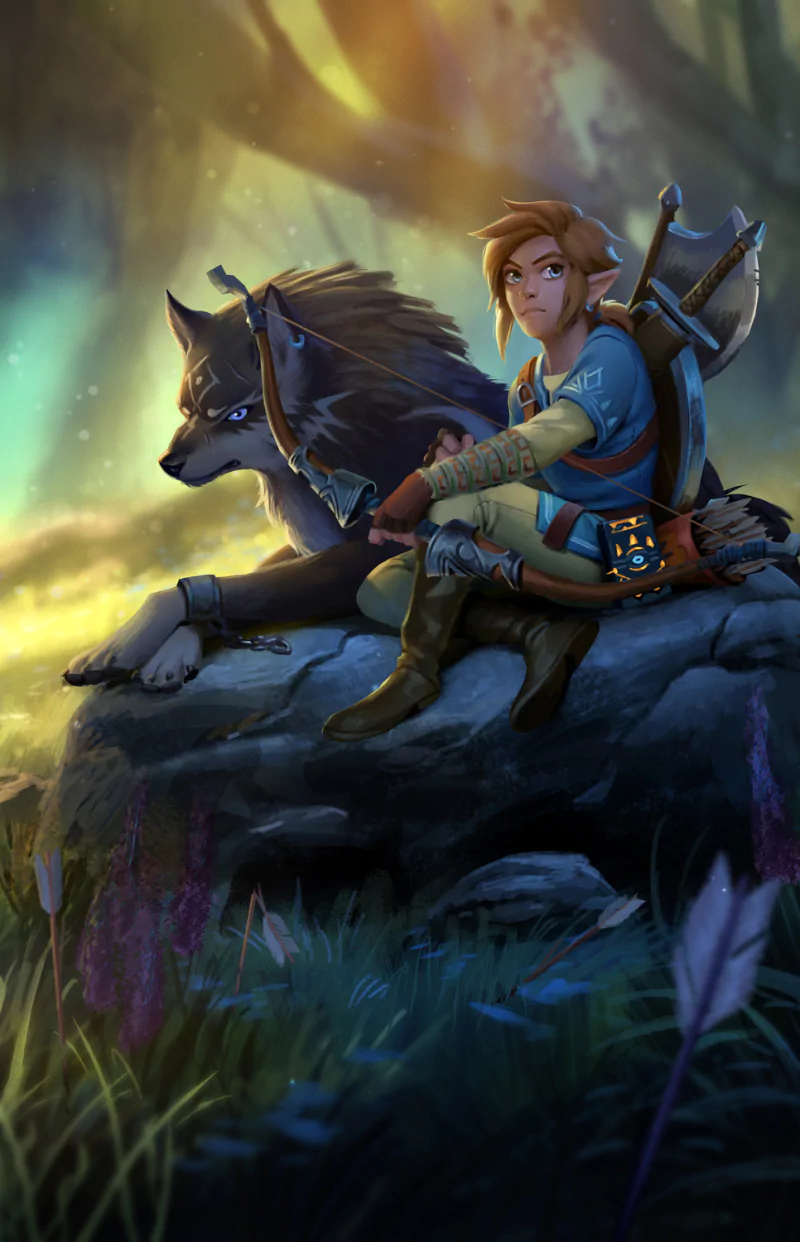 Link from The Legend of Zelda: Breath of the Wild rests against a rock with a wolf companion, set against a mystical forest backdrop filled with soft light and vibrant foliage.