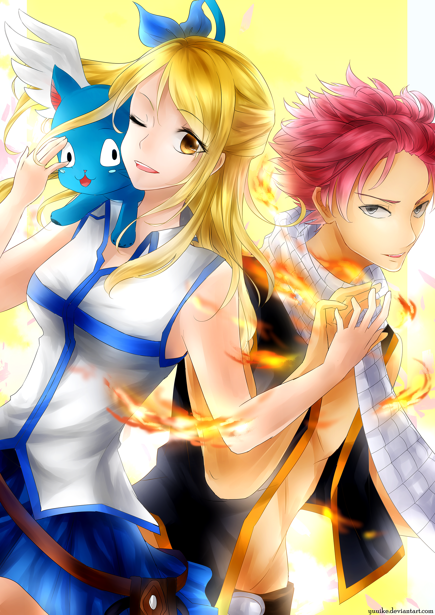 Natsu Dragneel and Lucy Heartfilia from Fairy Tail are depicted with fiery effects, accompanied by Happy, the blue cat, in vibrant anime style.