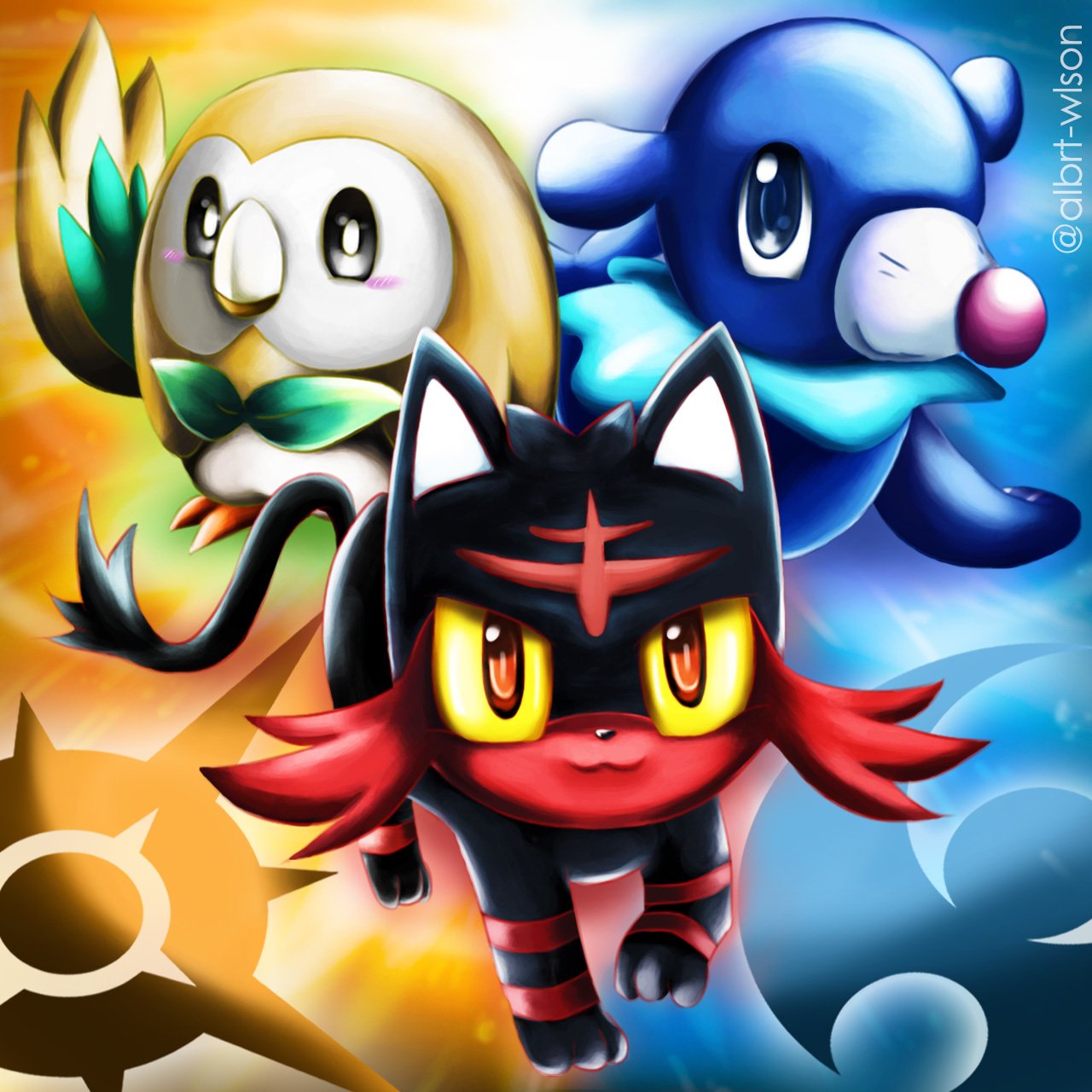 Three Pokémon characters from Pokémon: Sun and Moon: Popplio, Rowlet, and Litten are featured in an action-packed, colorful design, showcasing their vibrant personalities.