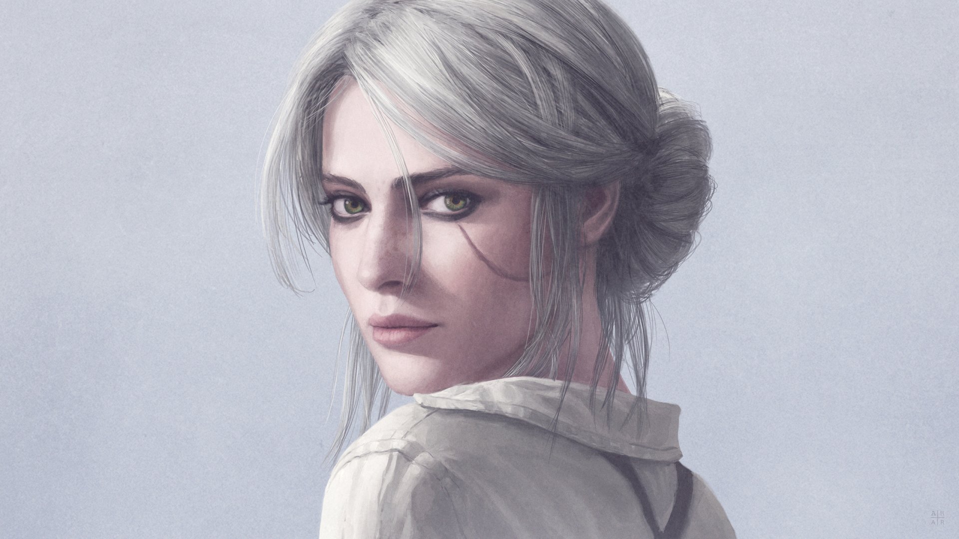 Portrait of Ciri from The Witcher 3: Wild Hunt — pale silver hair, a diagonal facial scar, and intense gaze as she looks over her shoulder against a soft gray background.