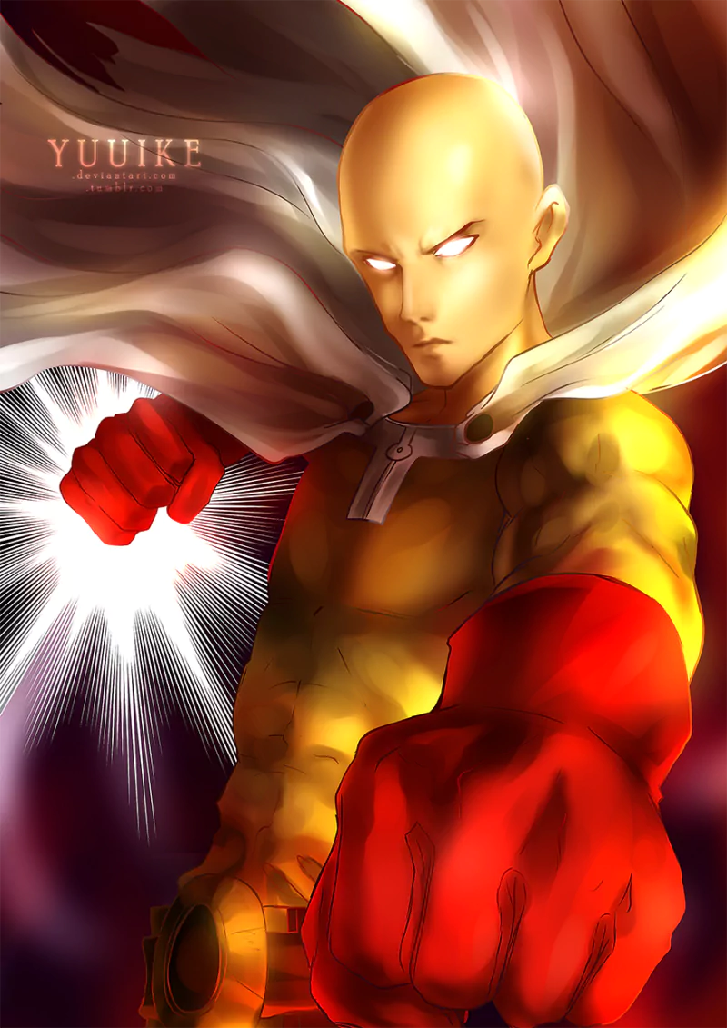 Saitama from One-Punch Man is depicted in dynamic anime style, with glowing eyes and clenched fists ready to strike, highlighting his powerful and determined presence.