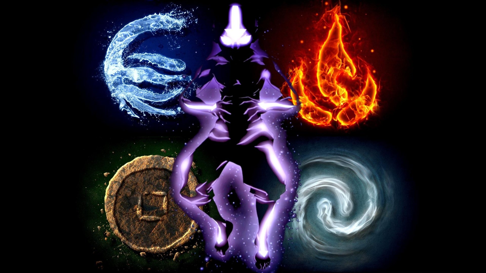 Silhouettes of characters from Avatar: The Last Airbender stand surrounded by glowing elemental symbols representing water, fire, earth, air, and energy.