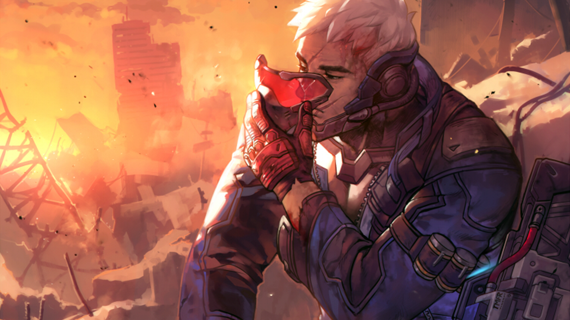 A dramatic scene featuring Soldier: 76 from Overwatch, standing in a devastated landscape as he contemplates the destruction around him, with a fiery sunset in the background.