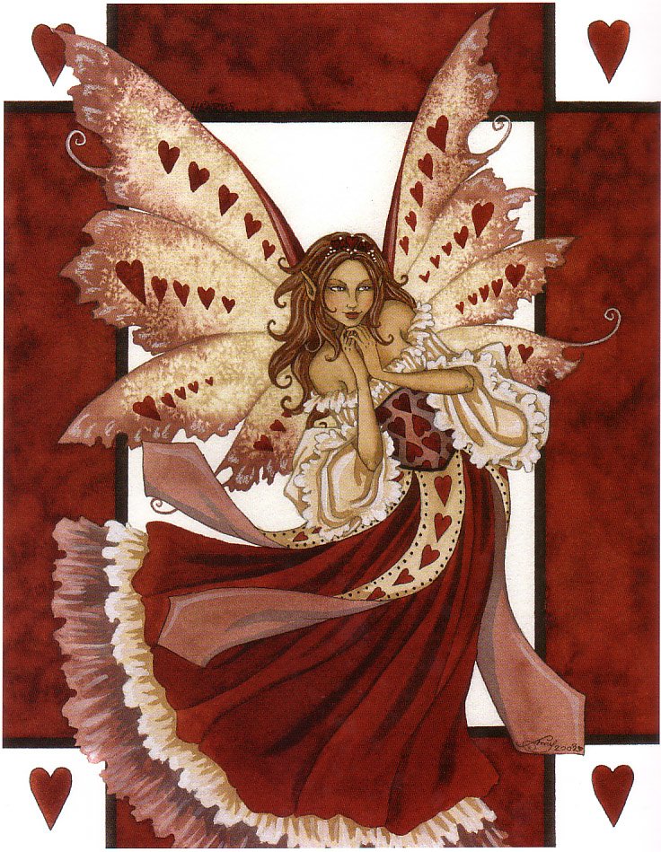 Valentine's Day fantasy fairy with heart-patterned wings and a flowing red gown, blowing a kiss amid framed heart motifs.
