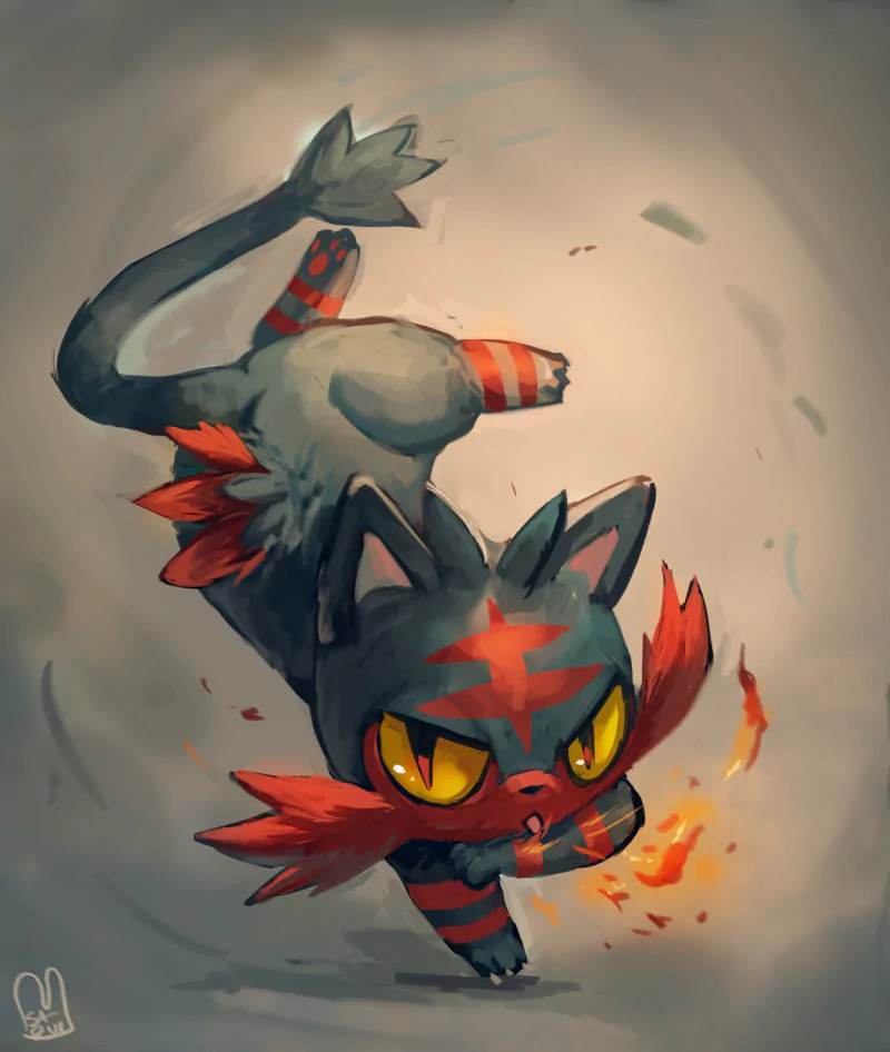 A dynamic illustration of Litten, the fire-type Pokémon from Pokémon: Sun and Moon, showcasing its fierce expression and striking features while unleashing a burst of flame.