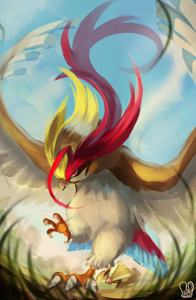 A vibrant anime scene featuring Pidgey and its evolution, Mega Pidgeot, showcasing their dynamic forms and colors against a bright sky.