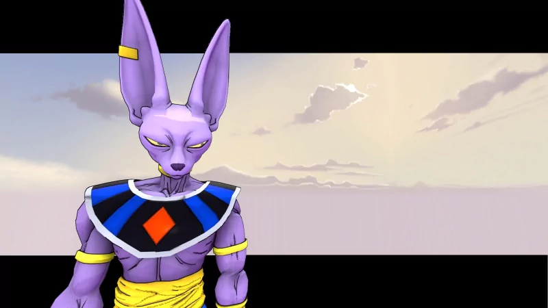 A digital illustration of Beerus from Dragon Ball Super, featuring his distinctive purple skin, large ears, and signature outfit set against a serene sky backdrop.