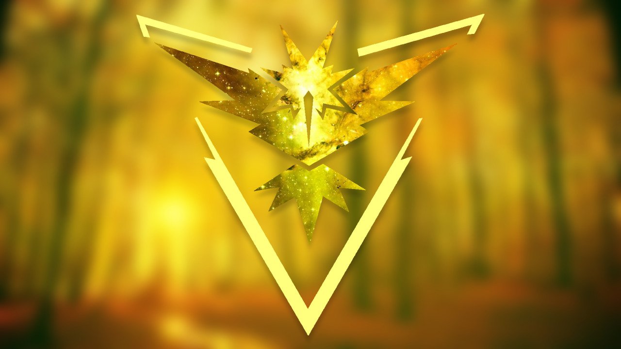 Gold Team Instinct emblem from Pokemon Go — stylized Zapdos silhouette and lightning V over a glowing forest background, video game team logo art.