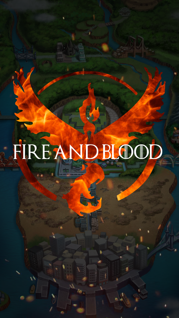 Team Valor emblem from Pokémon Go featuring a fiery phoenix overlaying a detailed game map background with the text FIRE AND BLOOD.