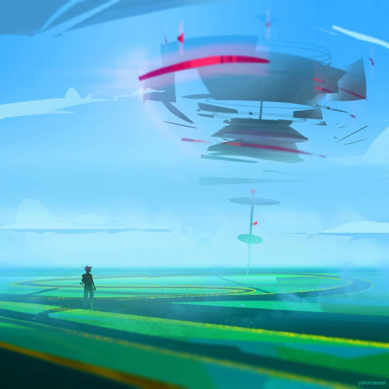 A scene from a futuristic, abstract sci-fi landscape in a Pokémon Go video game, featuring a lone figure standing beneath floating structures in a vibrant, open environment.