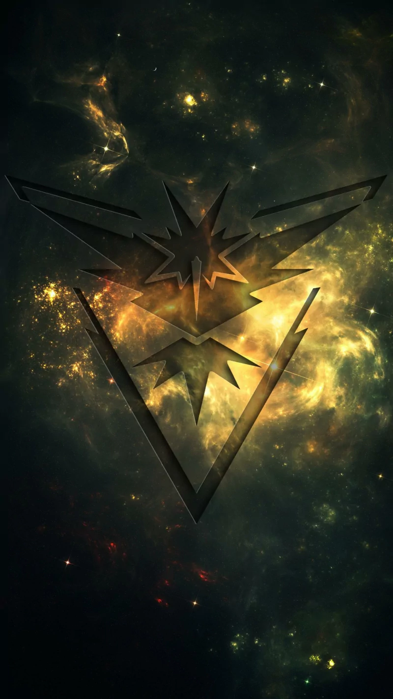 A dark emblem of Team Instinct from Pokémon Go is set against a vibrant cosmic background, embodying the spirit of this popular video game.