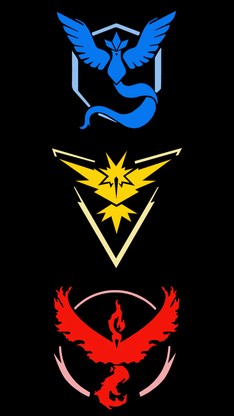 Icons representing Team Mystic, Team Instinct, and Team Valor from Pokémon Go, showcasing the game's competitive spirit and vibrant community.