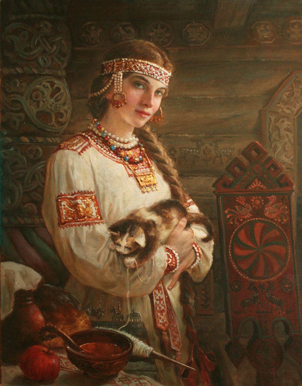 Painting by Andrey Shishkin of a woman and her cat by Andrey Shishkin