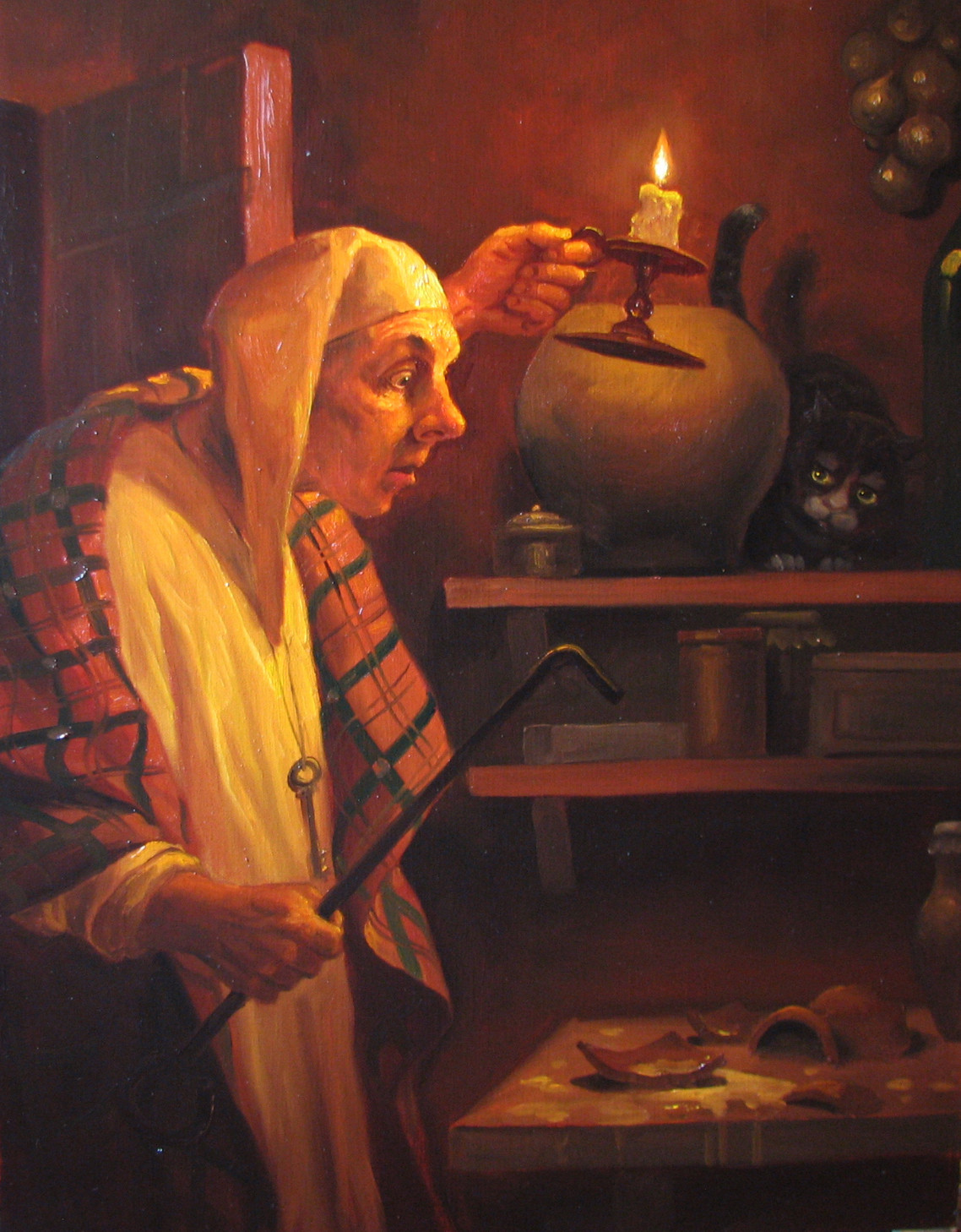Painting by Andrey Shishkin of a man finding chards in the kitchen at night by Andrey Shishkin
