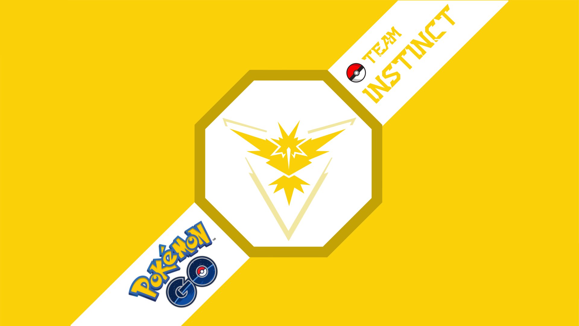 Team Instinct emblem from Pokémon GO video game — stylized Zapdos logo in a hexagon on a bright yellow background with Pokémon GO branding.