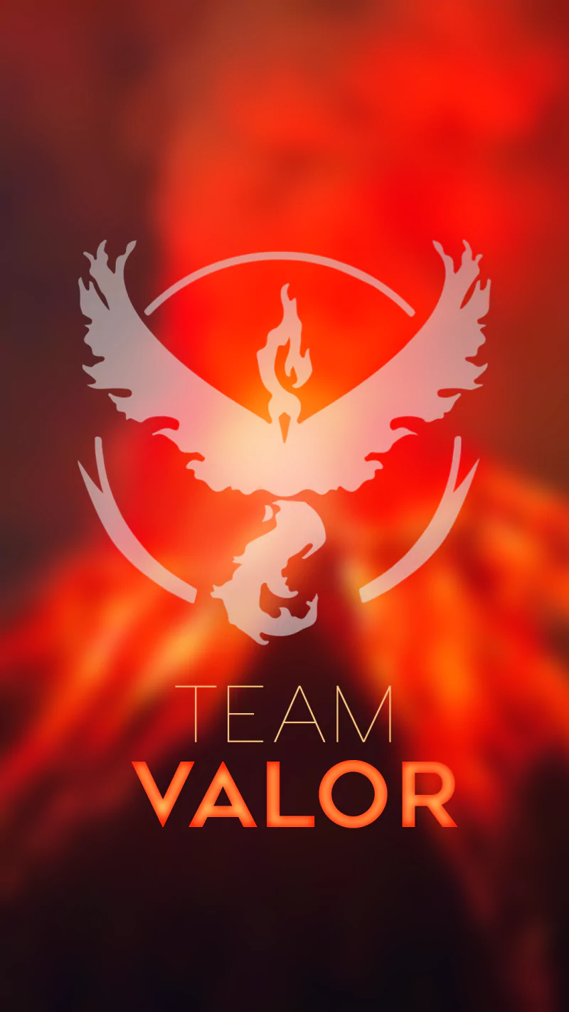 Team Valor emblem: a fiery phoenix silhouette over a red-orange molten background with TEAM VALOR text — Pokémon Go video game team logo.