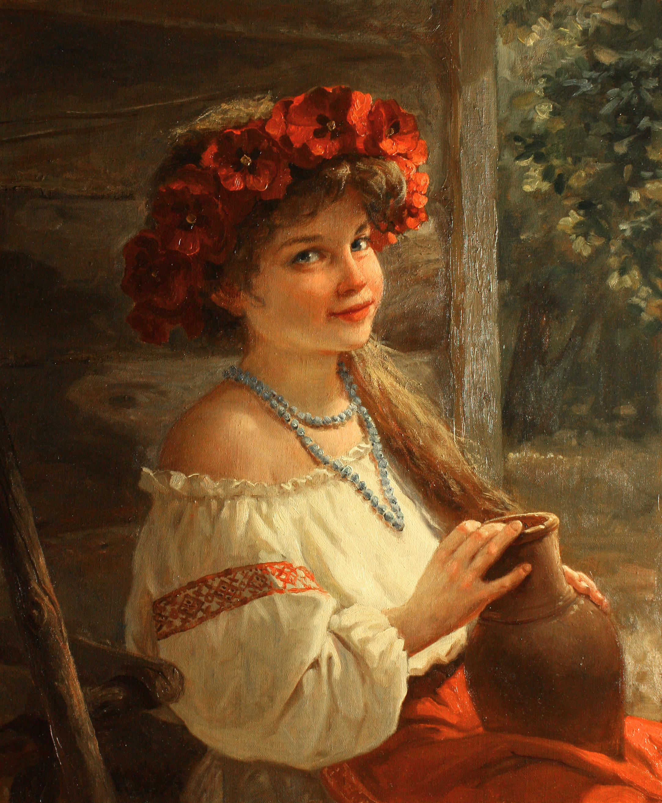 Painting by Andrey Shishkin of a woman in a classic russian dress by Andrey Shishkin