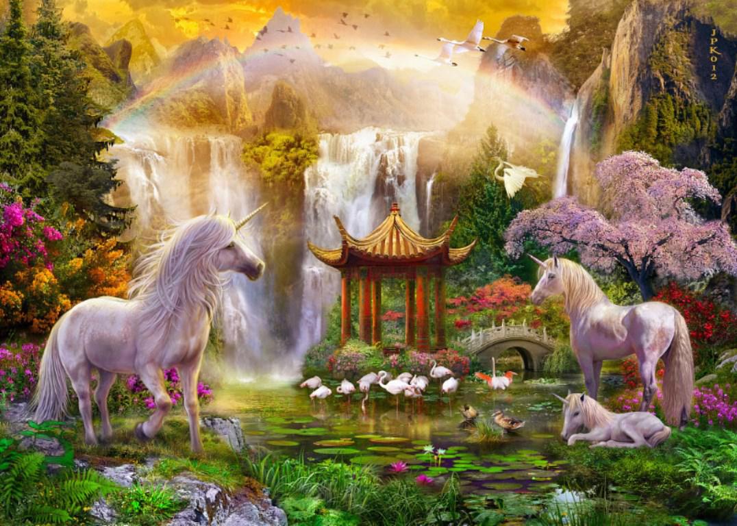 Fantasy Of Unicorns, Waterfalls And Castles