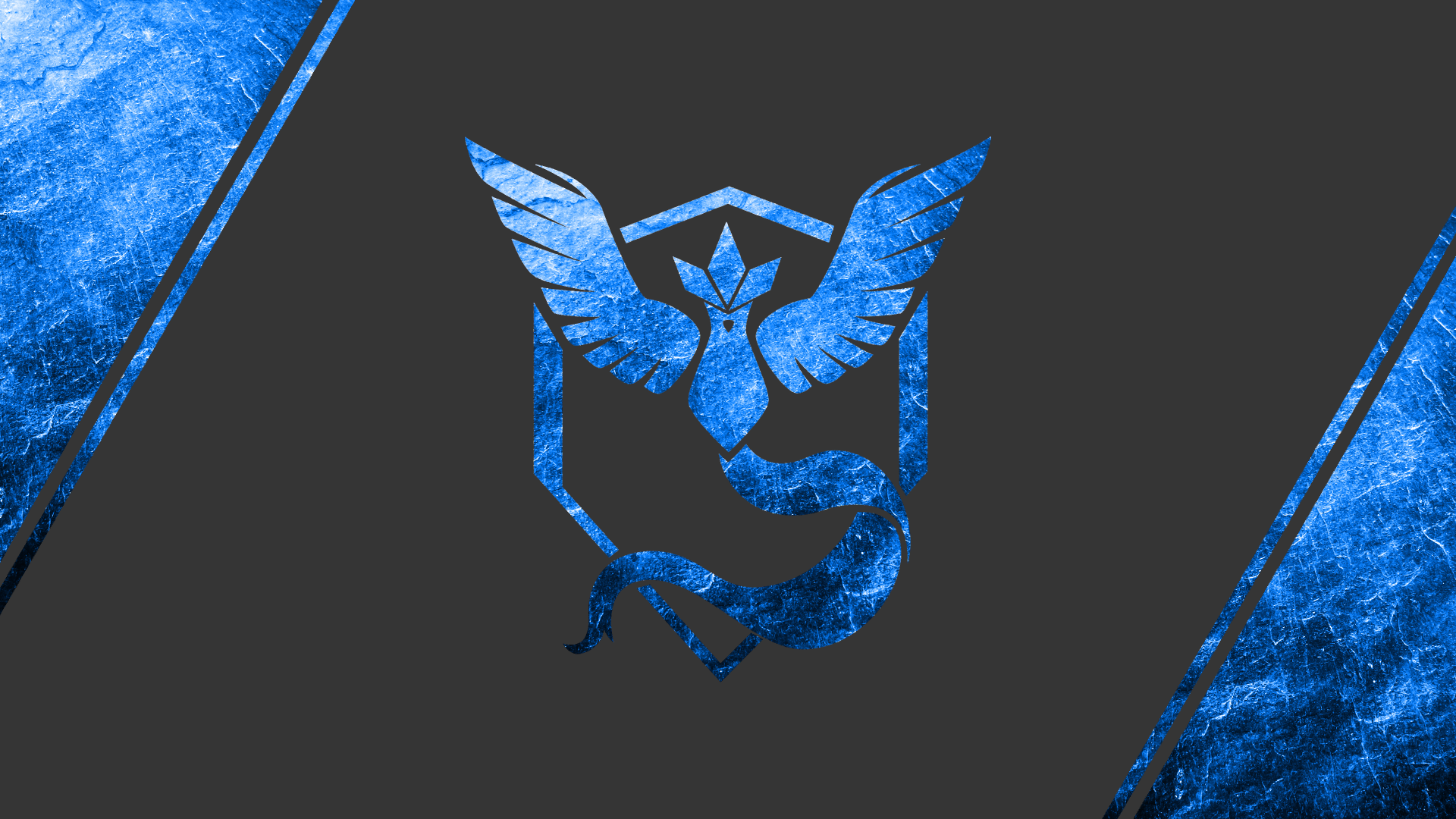 Team Mystic emblem showing Articuno silhouette in icy blue texture on a dark gray field with blue textured side panels — Pokémon Go / Pokémon video game art.