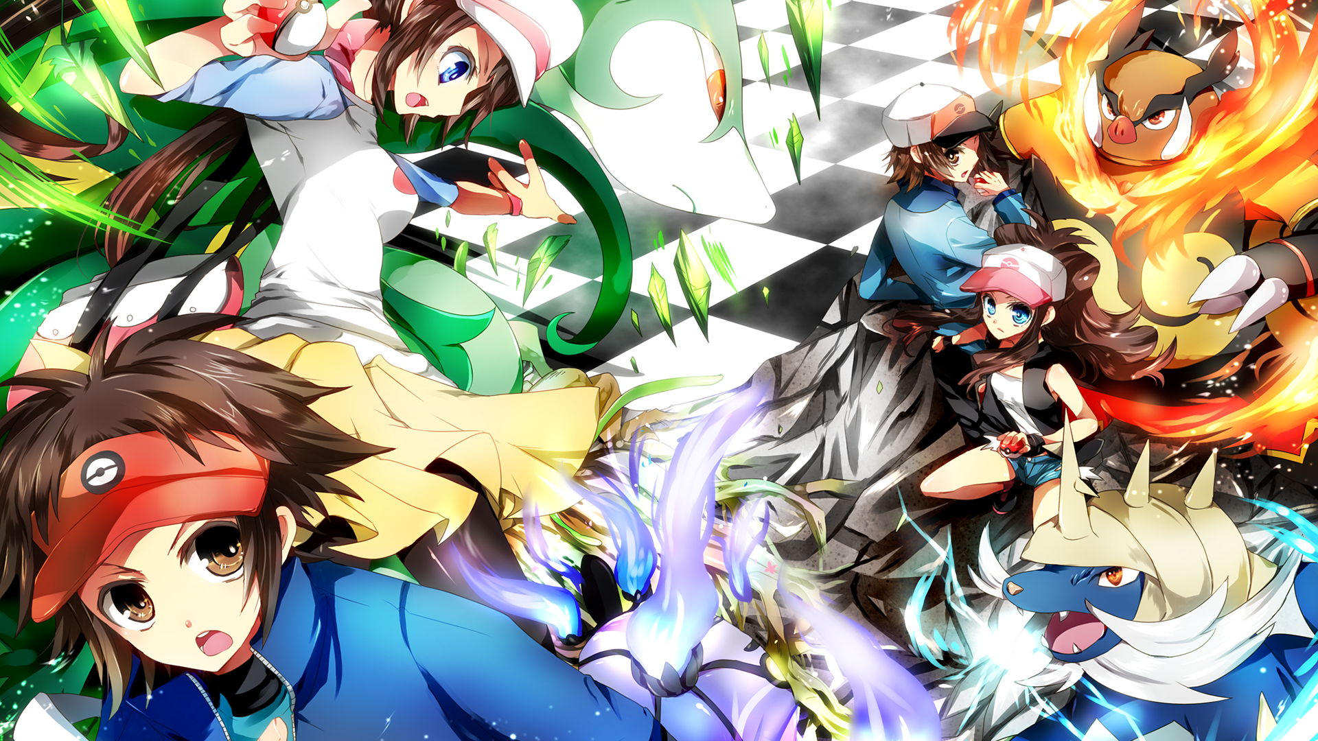 Action-packed scene from Pokémon: Black and White, featuring trainers and various Pokémon in dynamic poses against a vibrant, checkered background.