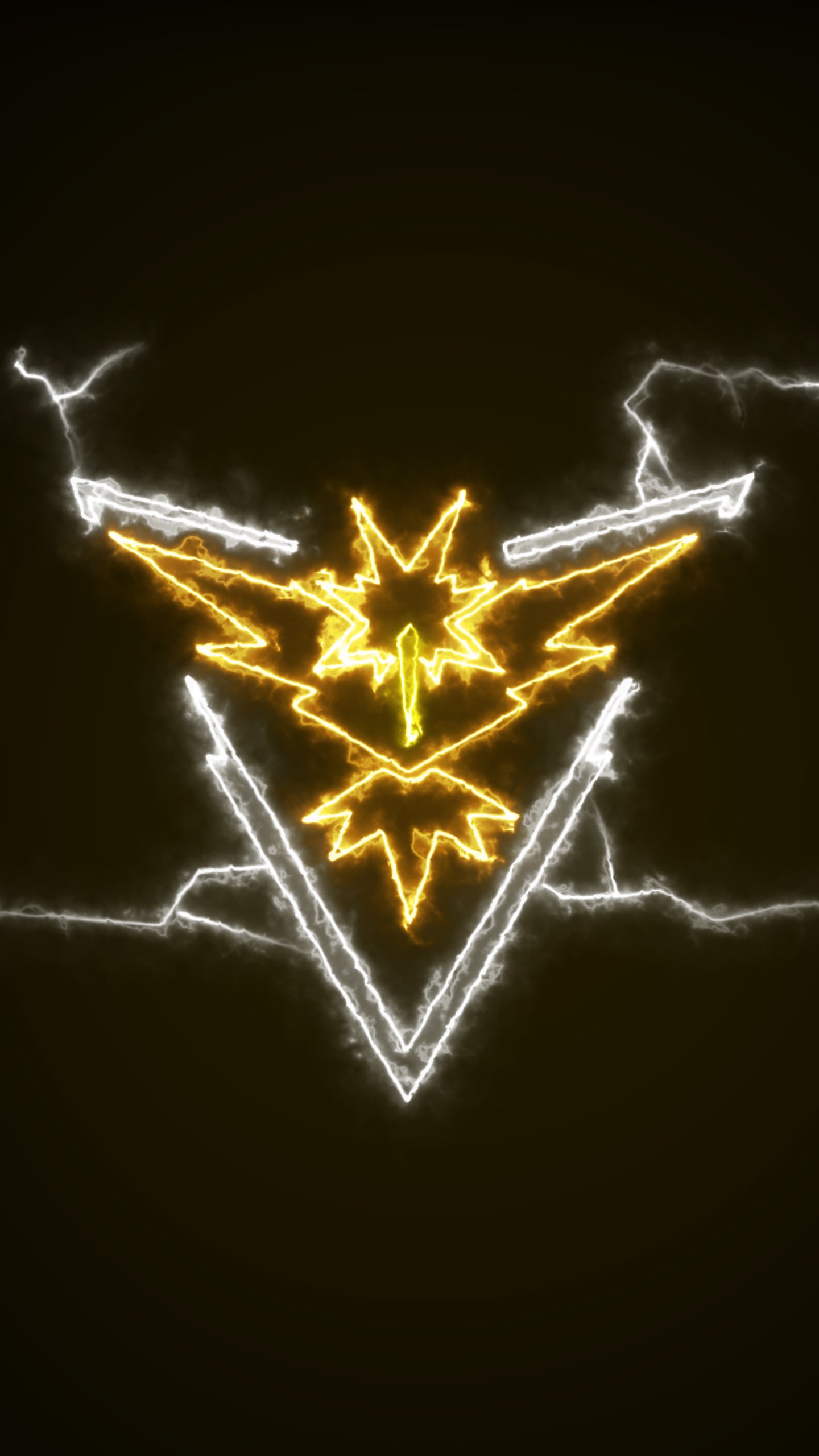 Glowing electric yellow Team Instinct emblem from Pokémon Go: a stylized lightning bird inside a glowing triangle on a dark background, video game logo/art.