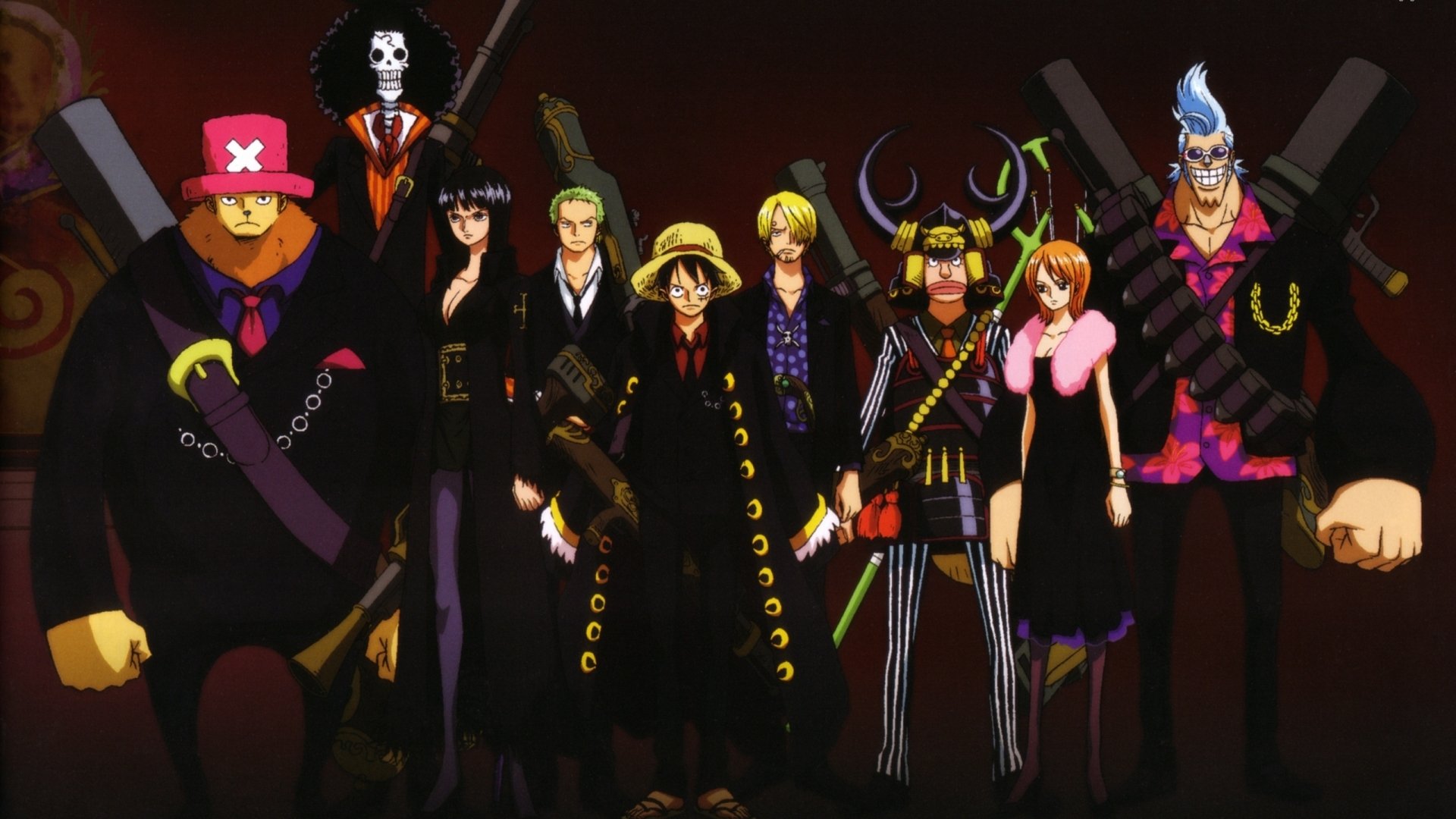 One Piece anime: the Straw Hat Pirates lined up—Luffy front center with Zoro, Nami, Usopp, Sanji, Chopper, Robin, Franky and Brook wearing dark coats.