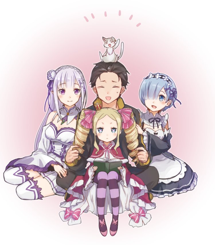 Subaru Natsuki, Emilia, Rem, Beatrice, and Pack from Re:ZERO - Starting Life in Another World sit together with a soft pink background in this anime-style illustration.