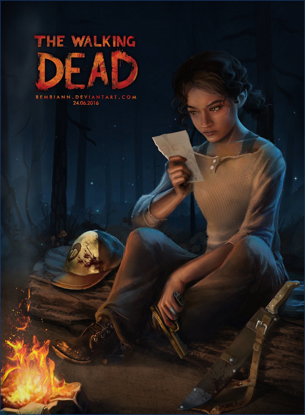 A digital artwork featuring Clementine from The Walking Dead: A New Frontier, sitting by a campfire, reading a note, with a gun and a hat by her side, set in a dark, wooded environment.