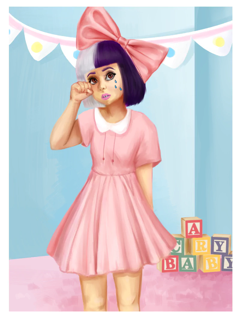 Artistic child portrait in a pastel nursery: girl in pink dress and oversized bow, painted tear on her cheek, Melanie Martinez–inspired styling.