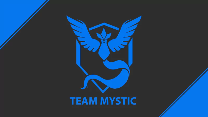 A blue logo featuring Articuno, representing Team Mystic from Pokémon Go, showcases the iconic Pokémon with wings spread in a stylish design against a dark background.