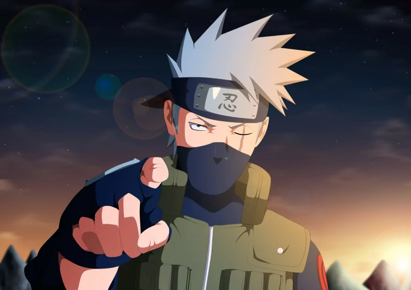 Kakashi Hatake, a popular character from the anime Naruto, appears in a dynamic pose against a dramatic backdrop, showcasing his signature mask and spiky silver hair.