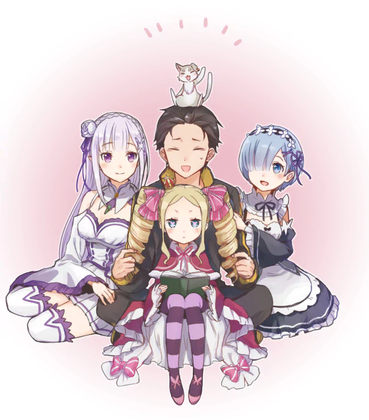 Subaru Natsuki, Emilia, Rem, Beatrice, and Pack from Re:ZERO - Starting Life in Another World sit together with a soft pink background in this anime-style illustration.