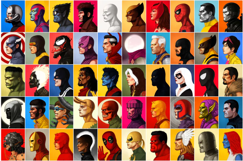 A vibrant comic collage featuring iconic characters in side profile, showcasing a colorful array of superheroes and villains against bold backgrounds.