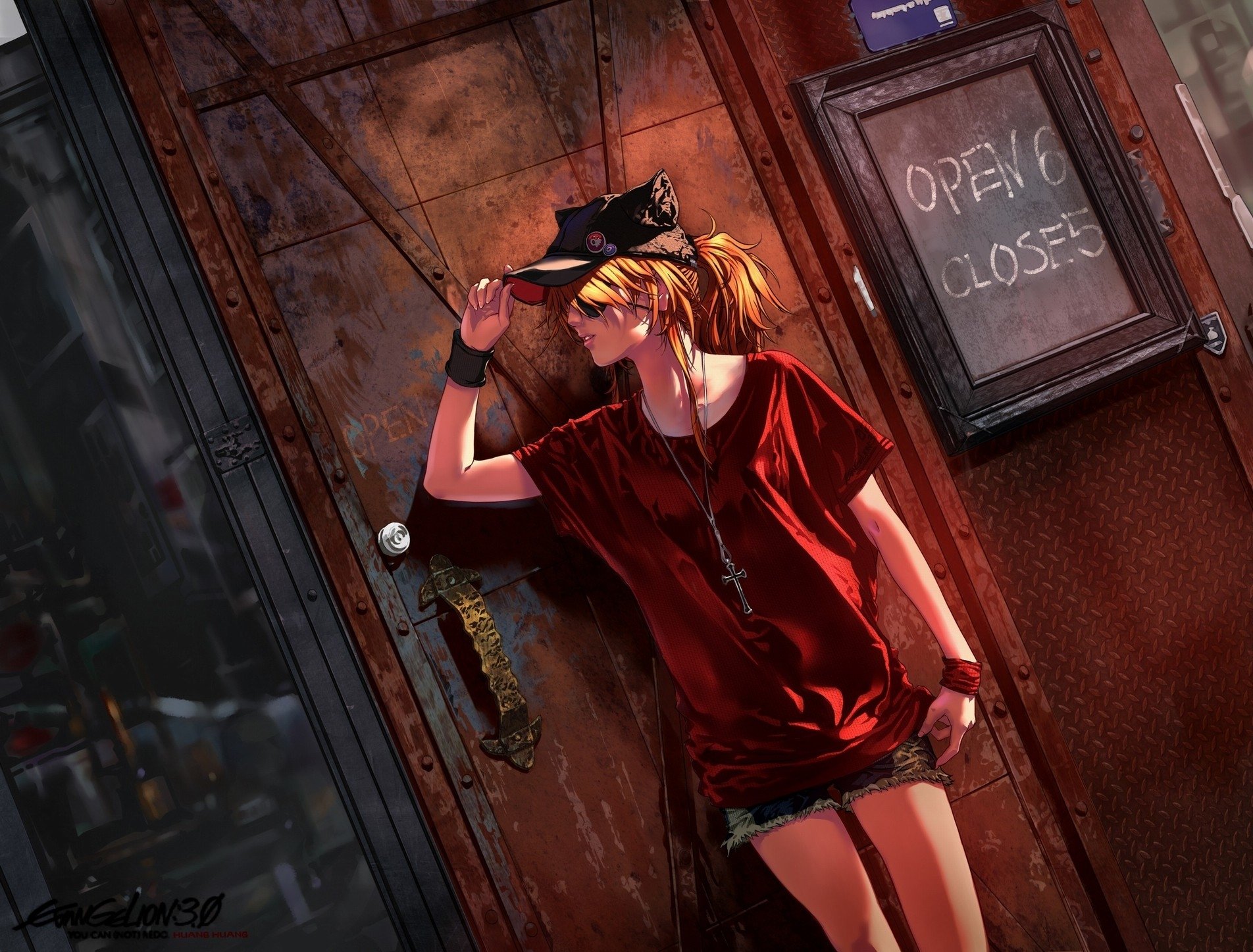 Anime — Evangelion: 3.0 You Can (Not) Redo: a blonde woman in a cap and sunglasses, red shirt and cross necklace, leaning against a rusted door stamped OPEN/CLOSE.