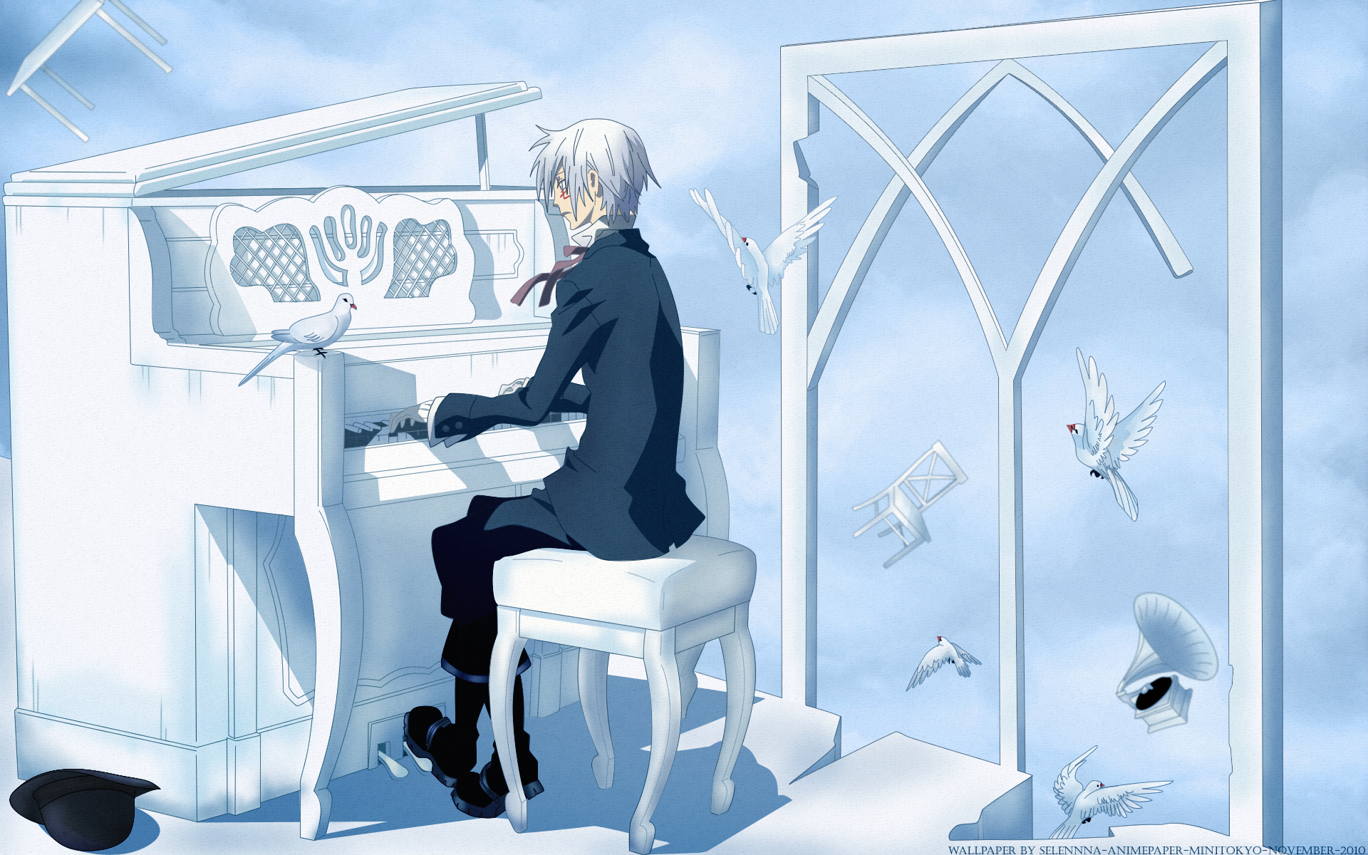 D.Gray-man anime: pale-haired young man in a black suit plays a white piano floating among clouds as white doves and scattered gramophone pieces and a top hat drift nearby.