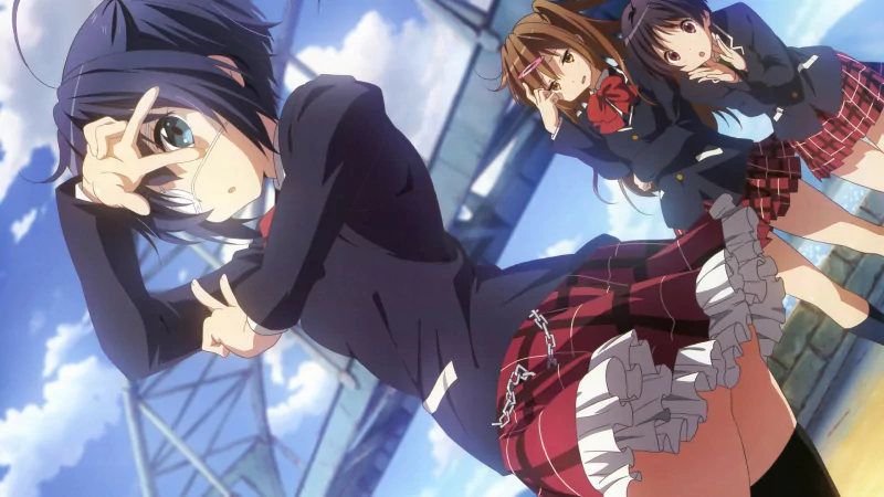 Kumin Tsuyuri, Shinka Nibutani, and Rikka Takanashi from Love Chunibyo & Other Delusions pose outdoors under a blue sky in their school uniforms.